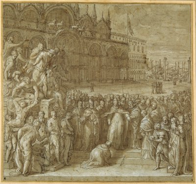 Sándor pápa és Barbarossa Frigyes közötti megbékélés Sebastiano Ziani dózse jelenlétében (toll és barna tinta barna mosással és kiemeléssel) alkotó: Giuseppe della Porta Salviati