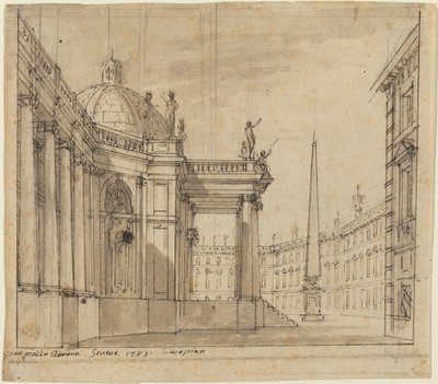 Színpadterv: Piazza kupolás templommal és obeliszkkel alkotó: Giuseppino Galliari