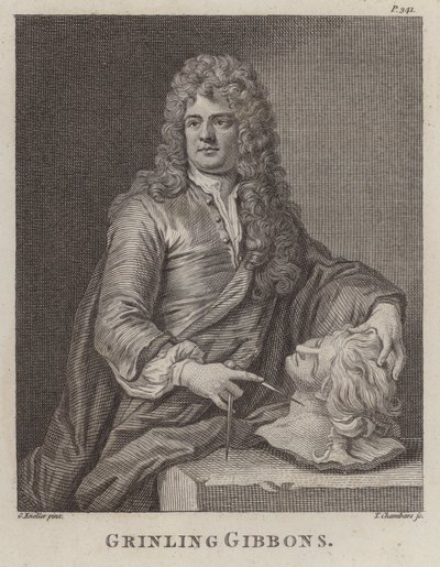 Grinling Gibbons, angol fafaragó és szobrász (metszet) alkotó: Godfrey (after) Kneller