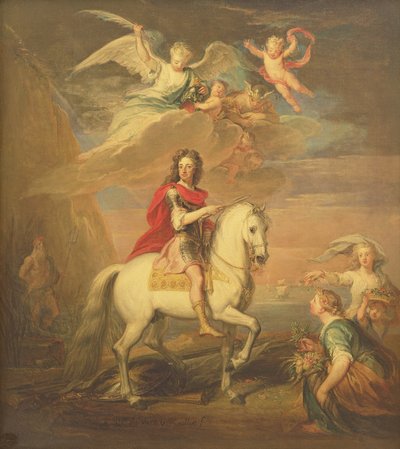 III. Vilmos egy szürke töltőn, amelyet a Neptunusz, a Ceres és a Flora figyelt meg. Merkúr az égen és Astrea alkotó: Godfrey Kneller