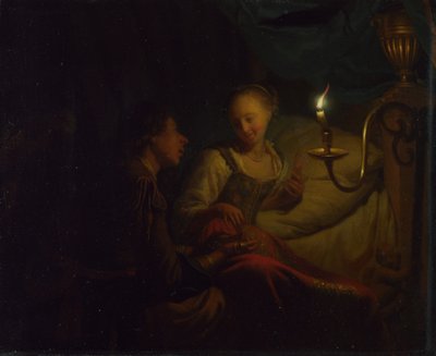 Gyertyafényes jelenet. Egy férfi aranyláncot és érméket kínál egy ágyon ülő lánynak, kb. 1665-1667 alkotó: Godfried Cornelisz Schalcken