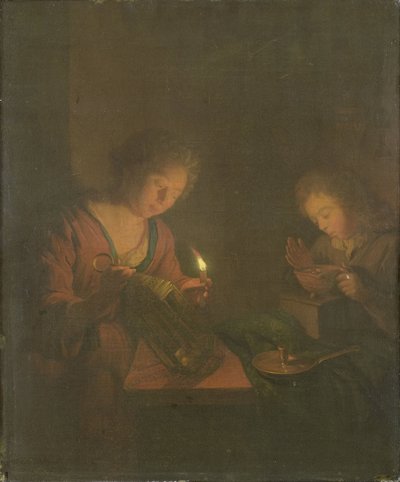 Tűz és fény (Egy lány gyertyát helyez a lámpásba, és egy fiú megfújja a parazsat egy edényben) alkotó: Godfried Schalcken (attributed to)