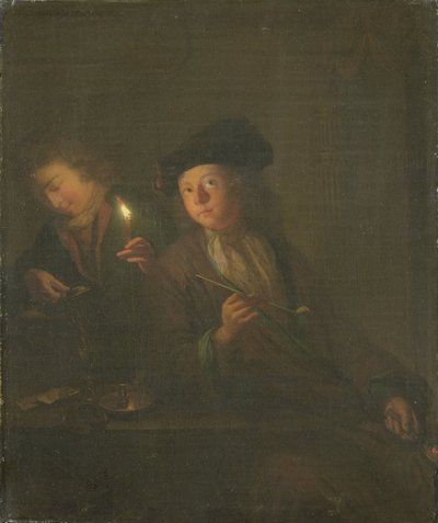 A dohányos (Egy férfi pipával és egy férfi, aki italt tölt a pohárba) alkotó: Godfried Schalcken (attributed to)