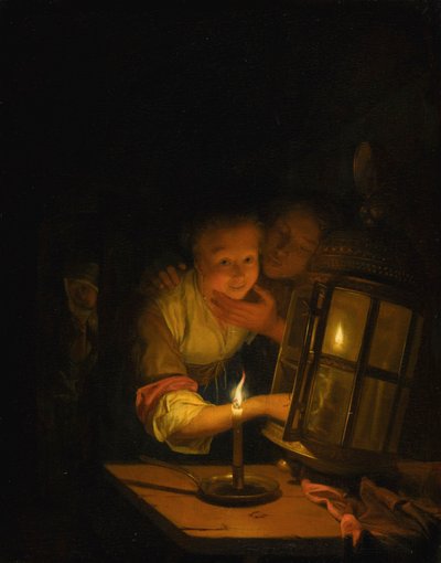 Egy szerelmespár, akit lámpagyújtáson kaptak alkotó: Godfried Schalcken