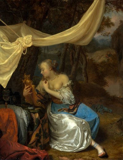 Hölgy tükörrel baldachin alatt, erdős tájban alkotó: Godfried Schalcken