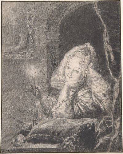 Asztalnál ülő, gyertyát tartó fiatal nő alkotó: Godfried Schalcken