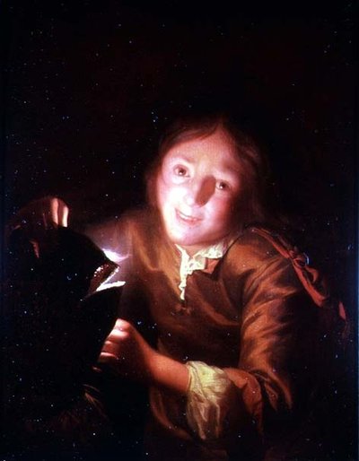Egy fiatal fiú gyertyát tart egy Halloween maszk mögött alkotó: Godfried Schalcken