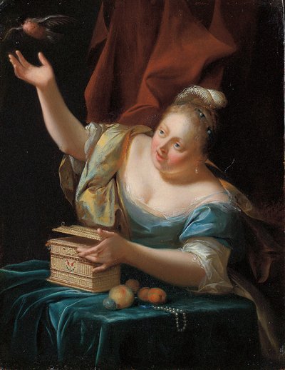 Egy nő, díszes jelmezben ül az asztal mellett, és kiszabadít egy énekesmadarat a ketrecéből alkotó: Godfried Schalcken