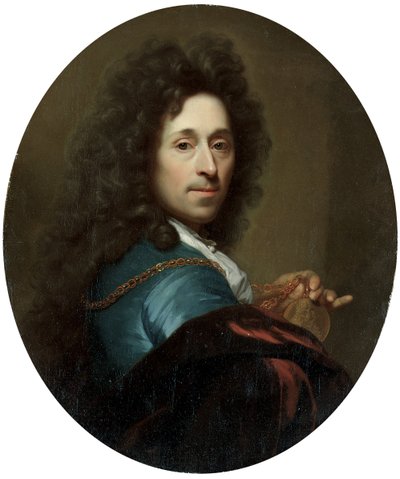 A kékkabátos, barna bársonyköpenyben viselő művész portréja, Johann Wilhelm választófejedelem medáljával alkotó: Godfried Schalcken
