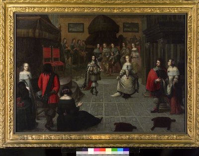 II. Károly angol király (1630-1685) táncol Hágában (Hollandia), 1660 májusában, valószínűleg unokahúgával, Elizabeth van de Paltzcal (1616-1680), az angol királyi címének visszaállítására rendezett ünnepségen. alkotó: Gonzales Coques