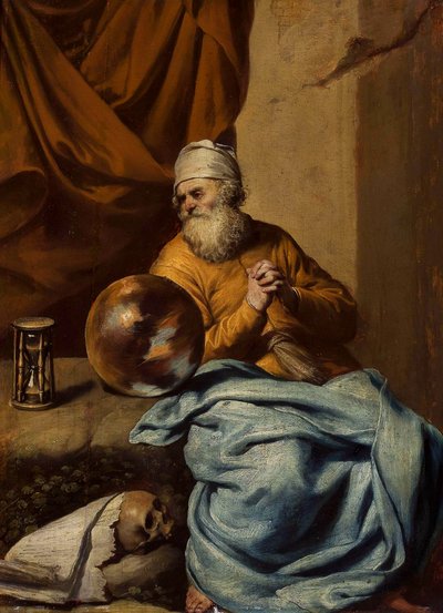 Öregember gömbbel, homokórával, koponyával és könyvekkel (Vanitas) alkotó: Gonzales Coques