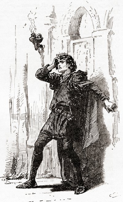 A scene from William Shakespeares play Hamlet, Act I, Scene 5, Hamlet: Remember thee! Ay, thou poor ghost, while memory holds a seat in this distracted globe, from The Works of William Shakespeare, pu alkotó: Gordon Frederick Browne