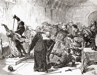Jelenet William Shakespeare Hamlet című darabjából, V. felvonás, 2. jelenet, Hamlet: A lényeg is mérges! Akkor méreg, a munkádra. (Szúrja a királyt), William Shakespeare műveiből, 1896-ban (metszet) alkotó: Gordon Frederick Browne