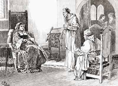 Jelenet William Shakespeare VIII. Henrik király drámájából, III. felvonás, 1. jelenet, Katalin királynő: Tegyetek, amit akartok, uraim, és imádkozzatok, bocsássatok meg nekem, ha modortalanul viselkedtem, William Sha műveiből alkotó: Gordon Frederick Browne
