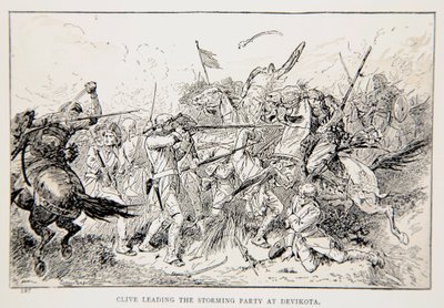 Clive vezeti a viharos partit Devikotában, illusztrációja G.A. „Clive-vel Indiában, avagy egy birodalom kezdetei” című filmből. Henty, kocsma. London, 1884 alkotó: Gordon Frederick Browne