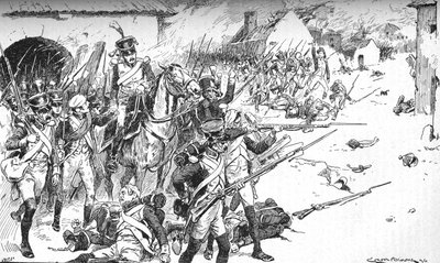 Oszlop az oszlop után kényszerítette az utat a faluba, csak vissza kell lökni, 1896, 1902 alkotó: Gordon Frederick Browne