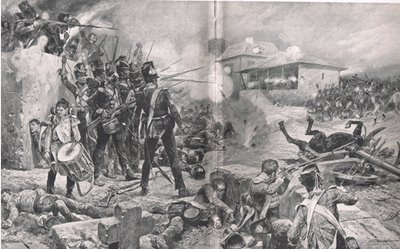 Hogyan nyerte el az 57. ezred a „The Die Hards” becenevet az albuerai csatában, 1811. május 16-án, illusztráció a „British Battles on Land and Sea” című könyvből, kiadó: Cassell, London, 1910 körül alkotó: Gordon Frederick Browne