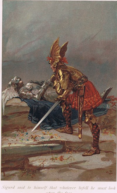 Sigurd azt mondta magában, hogy bármi is történjen, az arcába kell néznie. Illusztráció Alice S. Hoffman 1926-ban megjelent „The Book of Sagas” című művéből. alkotó: Gordon Frederick Browne