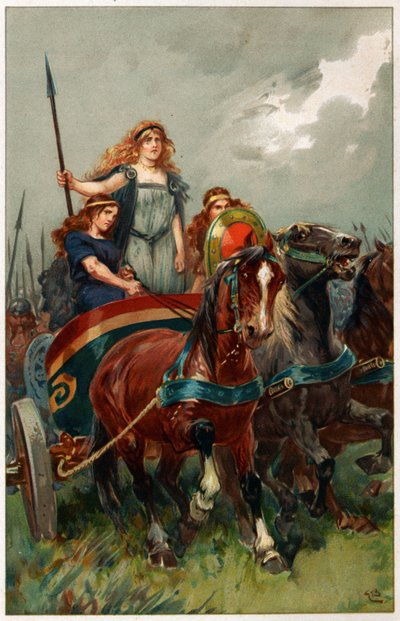 „Lándzsa a kézben, Boadicea támadásra késztette őket” – illusztráció Alice S. Hoffman „Az angol történelem hősei és hősnői” című művéből. alkotó: Gordon Frederick Browne
