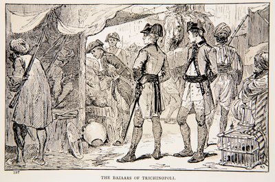 A trichinopoli bazárok, illusztráció G. A. Henty "Clive-val Indiában, vagy egy birodalom kezdetei" című könyvéből, kiad. London, 1884 alkotó: Gordon Frederick Browne