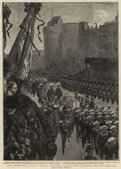 A menet a High Street-ben, Windsorban, kékkabátosok rajzolják a fegyverszállító kocsit alkotó: Gordon Frederick Browne
