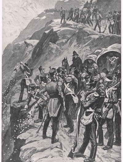 The Retreat to Corunna: Hurling the Silver down the Mountainside, illusztráció a „British Battles on Land and Sea” című könyvből, kiadó: Cassell, London, 1910 körül alkotó: Gordon Frederick Browne
