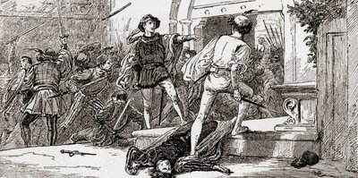 Tybalt megölte Rómeó, jelenet William Shakespeare Rómeó és Júlia című művéből, III. felvonás, 1. jelenet, William Shakespeare műveiből, 1896. alkotó: Gordon Frederick Browne