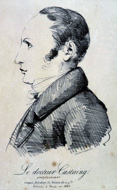 Dr. Castaing, mérgező portréja. Morfinsóval, hidrokloriddal ölte meg barátját, Hippolyte Balettet 1823-ban. 1824-ben Párizsban végezték el. Engelmann litográfiája a november 11-i ülésen készült vázlatból. alkotó: Gottfried or Godefroy Engelmann