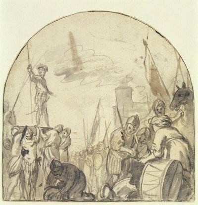 Briniót a Harcosai emelik a pajzsára (toll, ecset és tinta ceruza fölé papíron) alkotó: Govaert Flinck