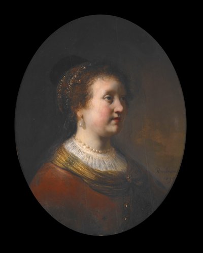 Nő vörös ruhában és gyöngyökkel alkotó: Govaert Flinck