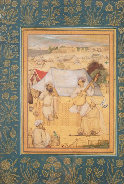 Zenészek és énekesek térdelnek egy mogultábor szélén. Egy jógi és egy szolga Hallgassa meg őket, a Minto Albumból, 1630 körül alkotó: Govardhan
