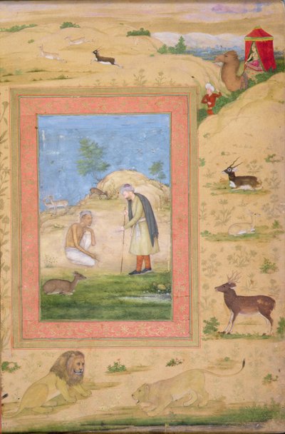 Majnun letérdel Lailas Messenger előtt, a Shah Jahan albumról alkotó: Govardhan attr. to Govardhan attr. to