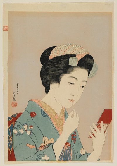 Nő ajakrúzst ken, Taisho korszak, 1920 február (színes fametszet) alkotó: Goyo Hashiguchi