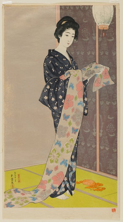 Férfi tag Asu eyes r Kimono (a műanyag lánya) Ellával foglalkozik, 1920. augusztus alkotó: Goyo Hashiguchi