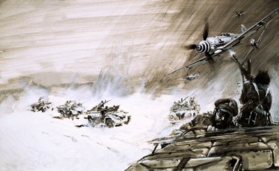 Öt nehéz teherautóból álló konvojt támad egy ellenséges repülőgép az egyiptomi Homoktengeren átkelve (gouache, papír) alkotó: Graham Coton