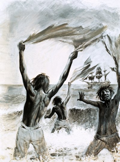 Hajótöröttek Asuncion szigetén (gouache, papír) alkotó: Graham Coton