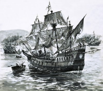 Drake hajója, az Arany Hind, hatalmas gazdagságot szállítva sántikál vissza Portsmouthba. alkotó: Graham Coton