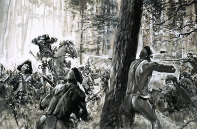 1765-ben Edward Braddock tábornokot francia katonák és ádáz kanadai indiánok támadták meg. alkotó: Graham Coton
