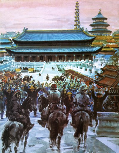Marco Polo apjával és nagybátyjával a Nagy Kán palotája felé közeledve, 20. század (litográfia) alkotó: Graham Coton