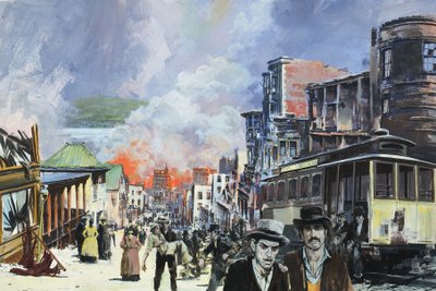 San Francisco tűzvész és földrengés 1906 (gouache, papír) alkotó: Graham Coton