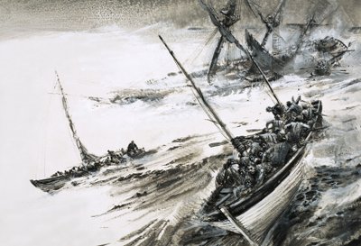 Azonosítatlan hajóroncs, mentőcsónakok menekülnek a viharos tengerbe alkotó: Graham Coton