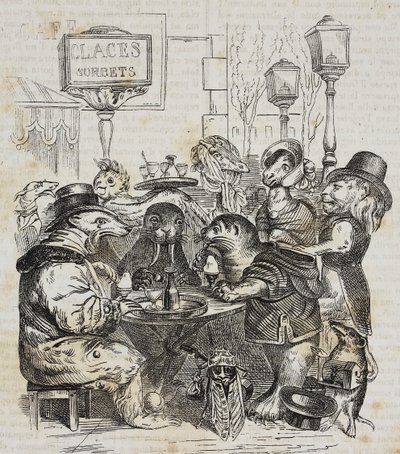 Fagylaltozóban ülő vadállatok, Giovanni Mariani litográfiája Jean-Jacques Grandville (1803-1847) karikatúrája nyomán, a Poliorama Pittoresco-ból, január 21. 24. alkotó: Grandville