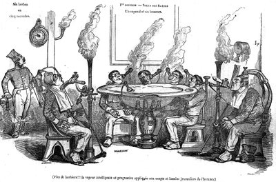 Karikatúra Grandville-ről, amely egy tizedest és embereit ábrázolja a Salle des Barbes-ban, amint gőzgéppel borotválják őket borbély segítsége nélkül. „A festői boltban” 1835 alkotó: Grandville