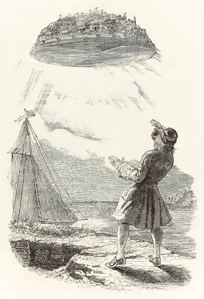 Gulliver először látja a repülő Laputa szigetet, Jonathan Swift „Gulliver utazásai” című művéből. alkotó: Grandville