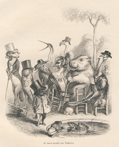Elegáns ruhába öltözött állatok sétálnak a Tuileriákban . JJ Granville által illusztrált matricák. Andrew, Best és Leloir által aláírt metszet a PJ Stahl által írt "Histoire d