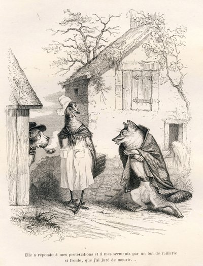 Kutya, tyúk és róka beszélgetése. A matricákat JJ Granville illusztrálta. Godard aláírású metszet a "Csapdába esett róka" című részben, amelyet Charles Nodier írt "Az állatok magán- és közéletének jelenetei". Paris, J. H alkotó: Grandville