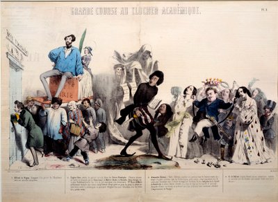 Nagyszerű verseny az akadémiai harangtoronyig. Alfred de Vigny (1797-1863), Eugene Sue (1804-1857) Alexandre Dumas (1802-1870) és Honore de Balzac (1799-1850) írók elismerése. Gerard Grandville (1803-1847) metszete. alkotó: Grandville