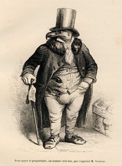 A keselyű, mint ingatlantulajdonos. A miniatűröket JJ Granville illusztrálta. Andrew, Best és Leloir aláírt metszet a PJ Stahl által írt "Egy nyúl története" részben "Jelenetek az állatok magán- és közéletéből". Paris, J. Hetzel és Paulin alkotó: Grandville