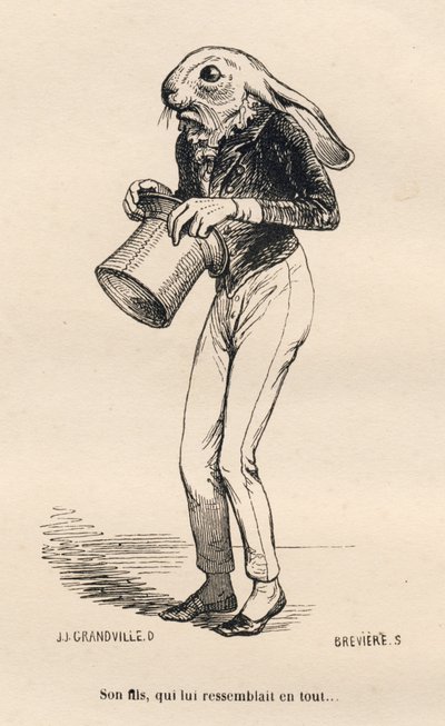 Félelmetes kecske dandy jelmezben. JJ Granville illusztrált matricái. Breviere aláírással ellátott metszet a "Histoire d