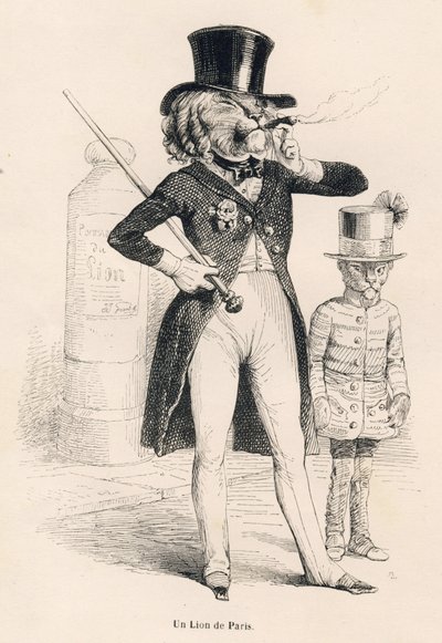 Párizs oroszlánja . JJ Granville illusztrált matricái. Andrew, Best és Leloir által aláírt metszet a Honore de Balzac által írt "Voyage d